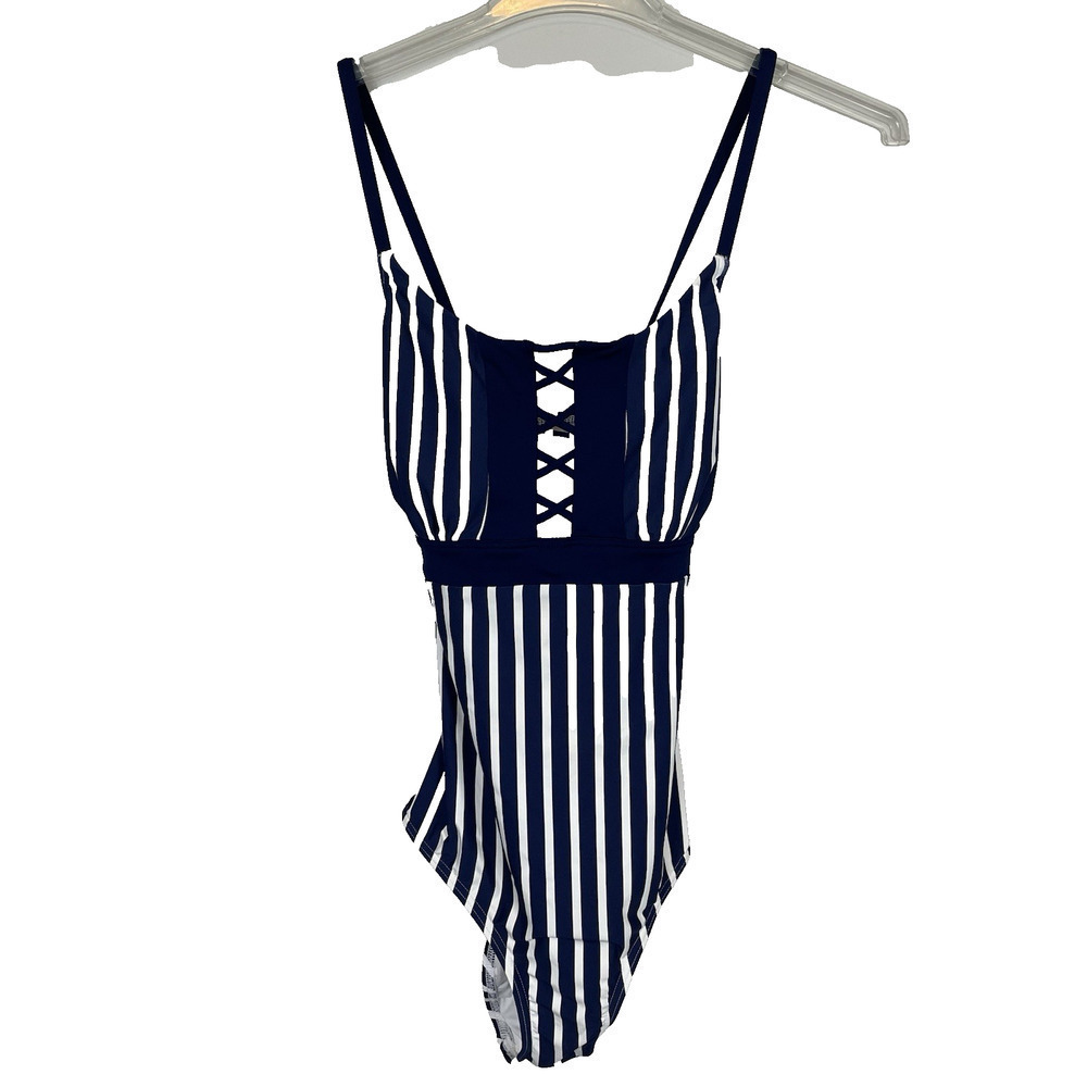 Lands End Lace Up One-Piece Swimsuit Womens 12 Blue & White Beach Resort Cruise